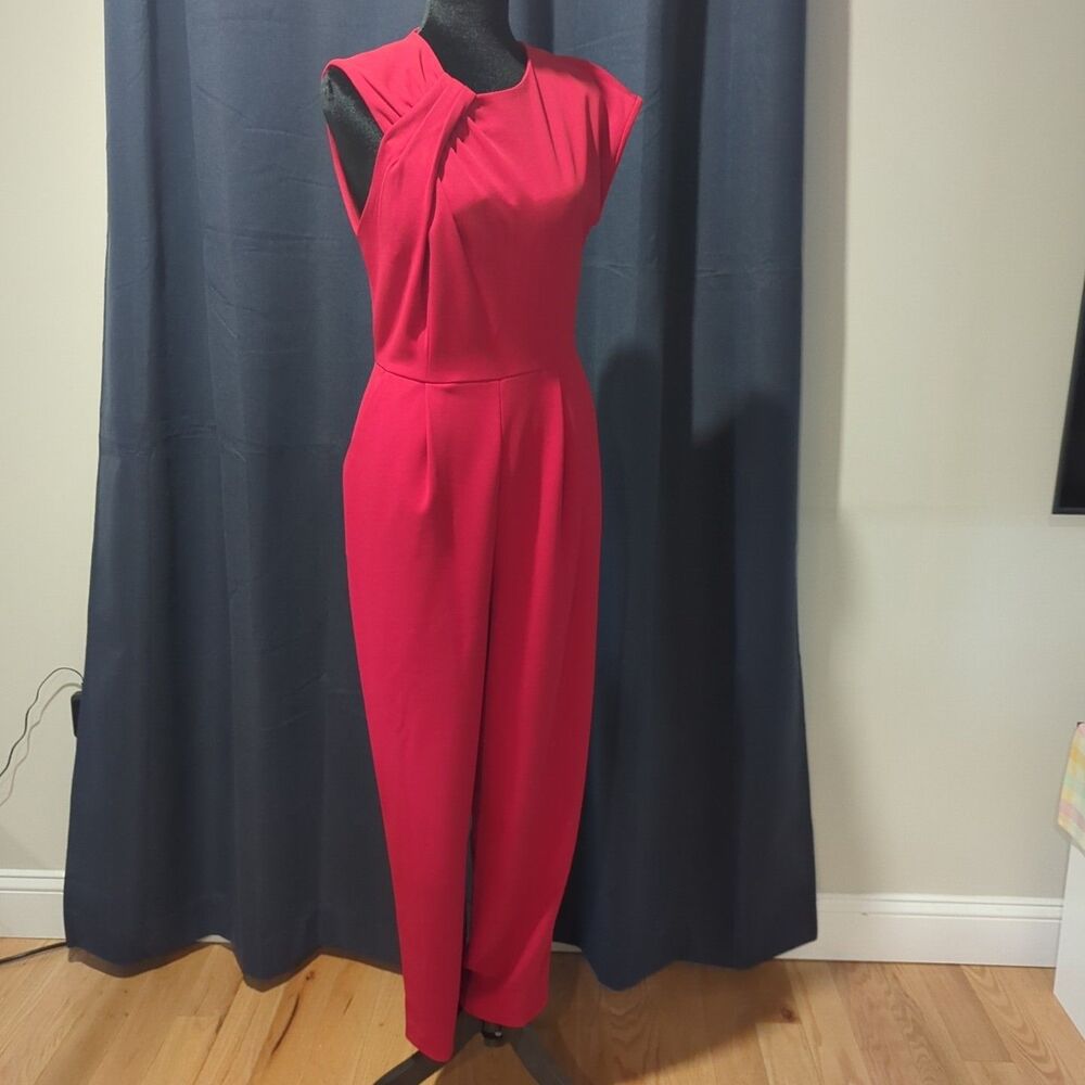 Calvin Klein Red Jumpsuit Size 8 Cap Sleeves Ruching Neckline